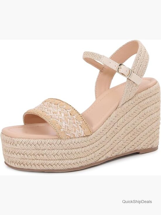 Shoes - Espadrille Wedge Sandals Raffia Strap Ankle Buckle Platform Open Toe Summer